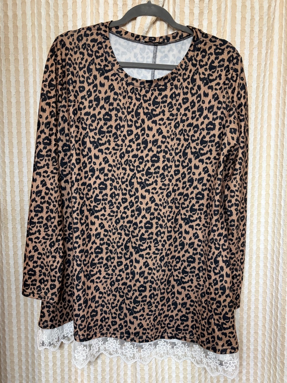 Leopard Print Long Sleeve Top with Lace Hem - Tan/Black